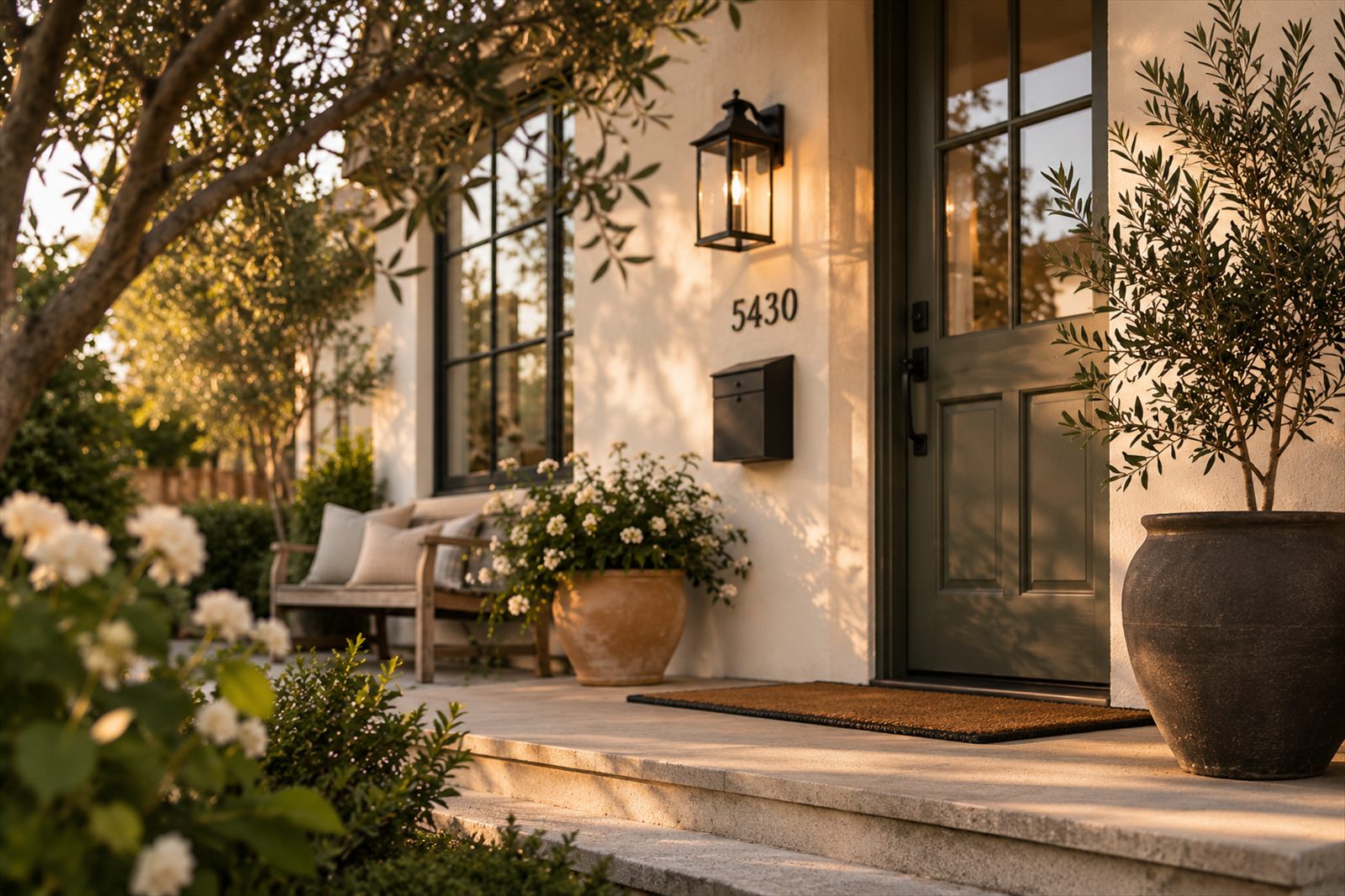 A front porch in late afternoon light: a lantern glowing beside a sage-green panelled door, a potted olive tree in a dark urn, and white hydrangeas along the stone steps.