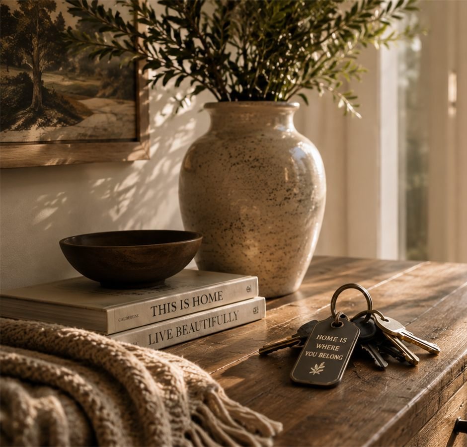 A reclaimed-wood entry console holding a stoneware vase of olive branches, a dark wooden bowl on stacked books, and a set of keys on a leather tag reading “home is where you belong”.