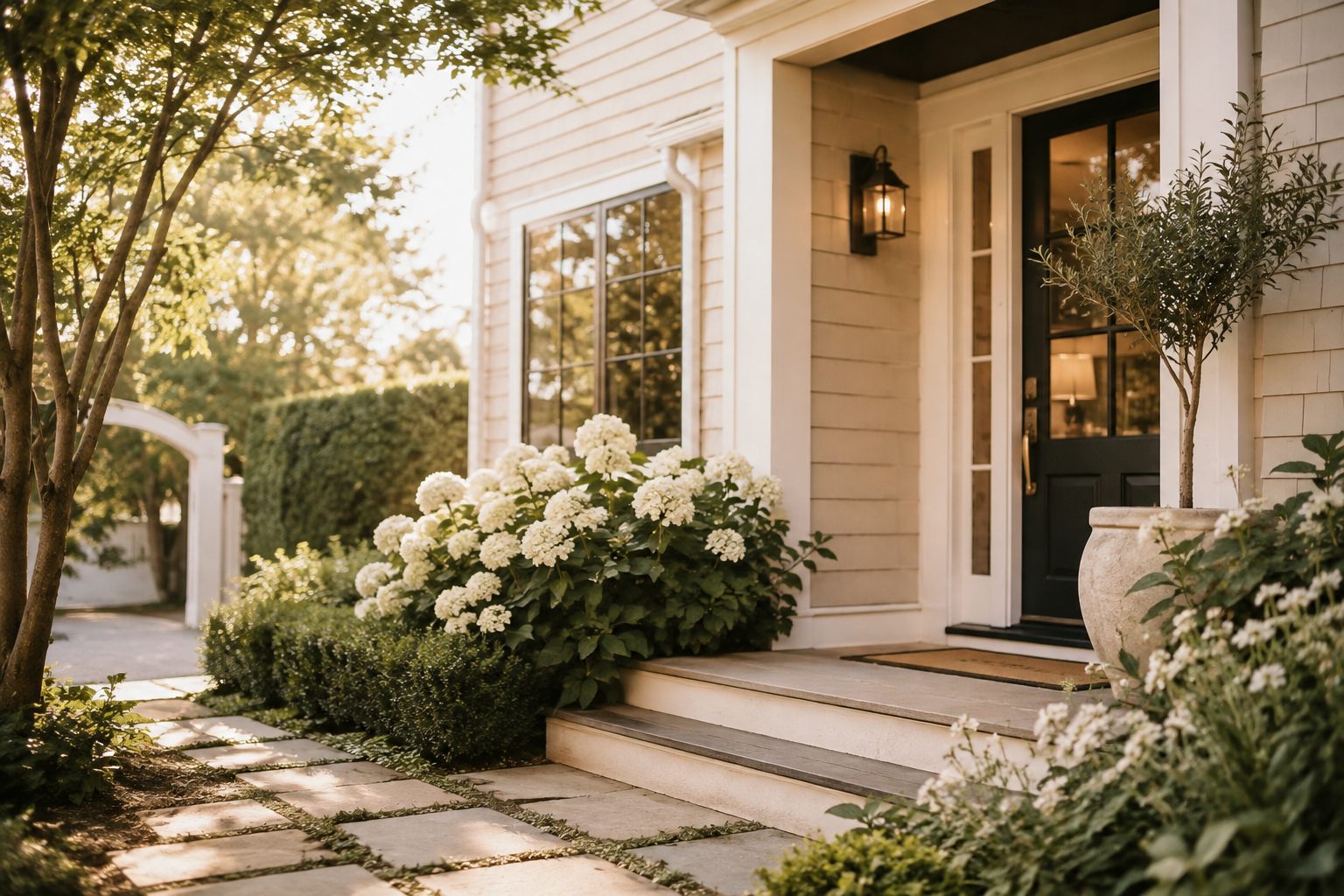 A cream clapboard home at golden hour, with white hydrangeas and clipped boxwood lining a stone path to the front porch and its black panelled door.
