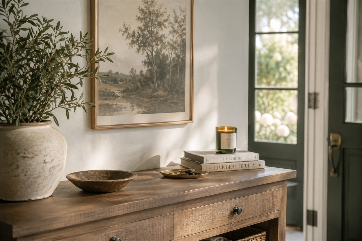 A sunlit entryway: a weathered oak console holding a stoneware vase of olive branches, a carved wooden bowl and a lit candle on stacked books, beneath a gilt-framed landscape print, with a dark green glazed door open to the garden.