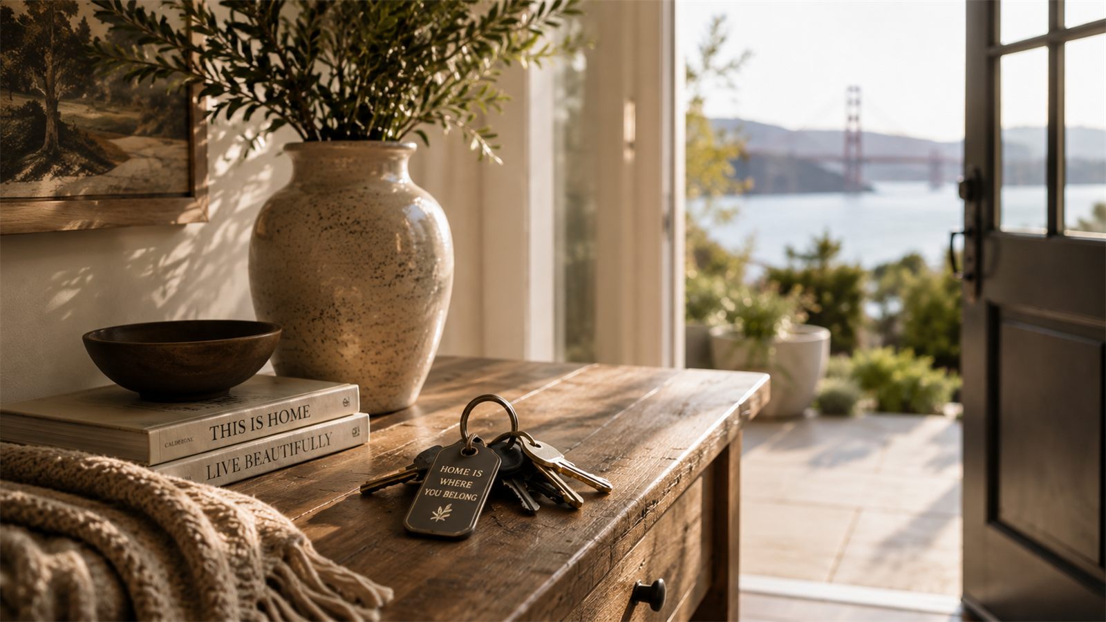 A weathered oak console holding a stoneware vase of olive branches, a carved bowl and a set of house keys on a leather fob, beside an open door looking out to the bay and the Golden Gate Bridge.