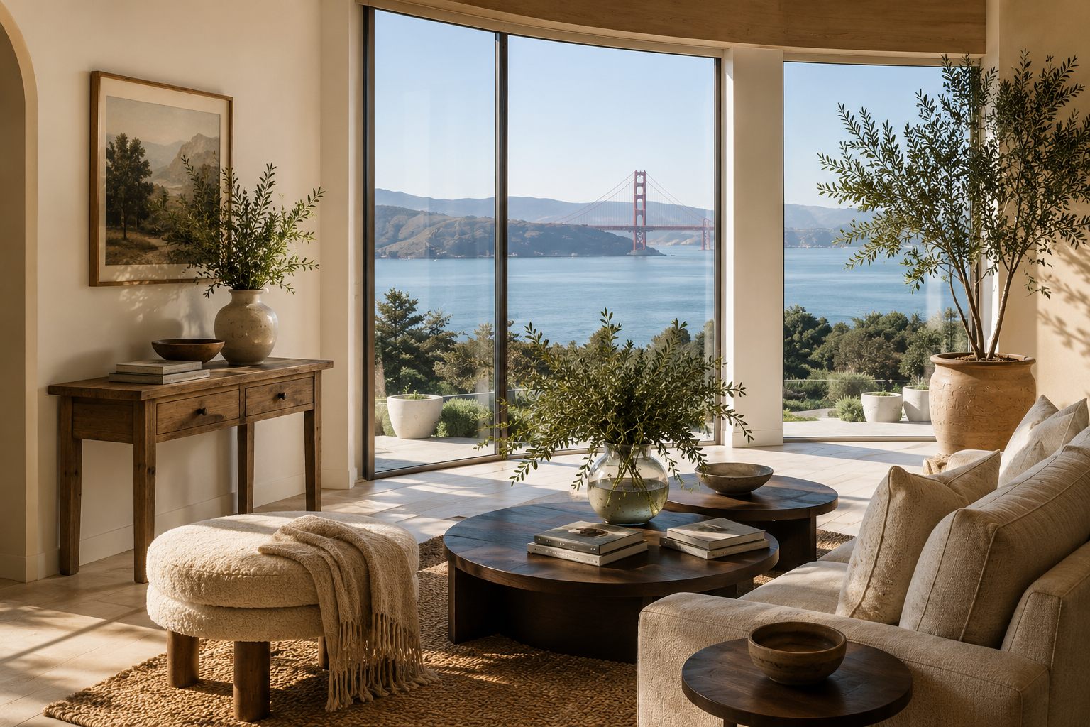 A bright Bay Area living room with floor-to-ceiling windows framing the Golden Gate Bridge across the water, cream sofas and a round wooden table holding olive branches.