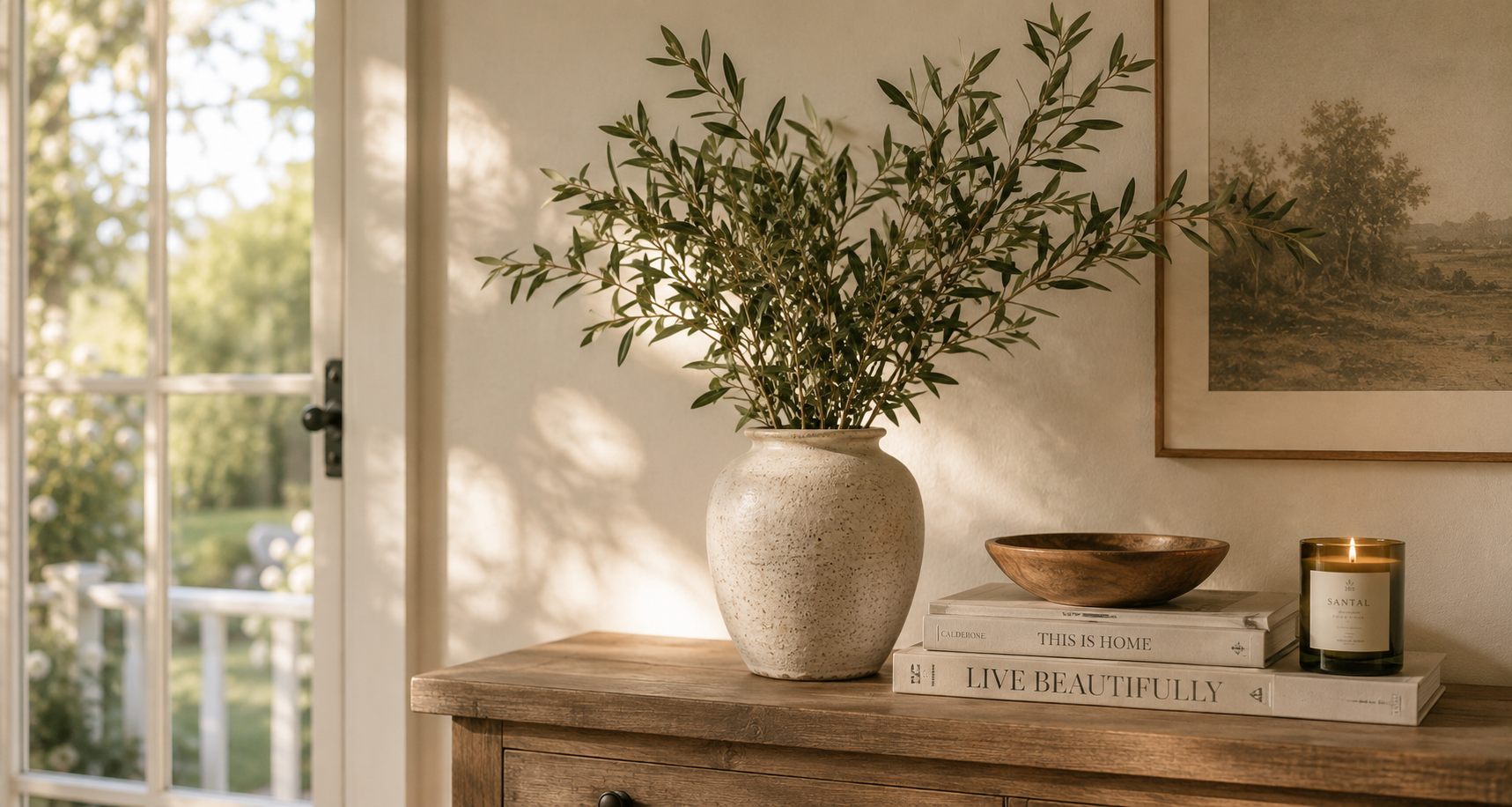 A stoneware vase of olive branches on a reclaimed wood console, beside a carved bowl, stacked books and a lit candle, with morning light falling through an open French door.